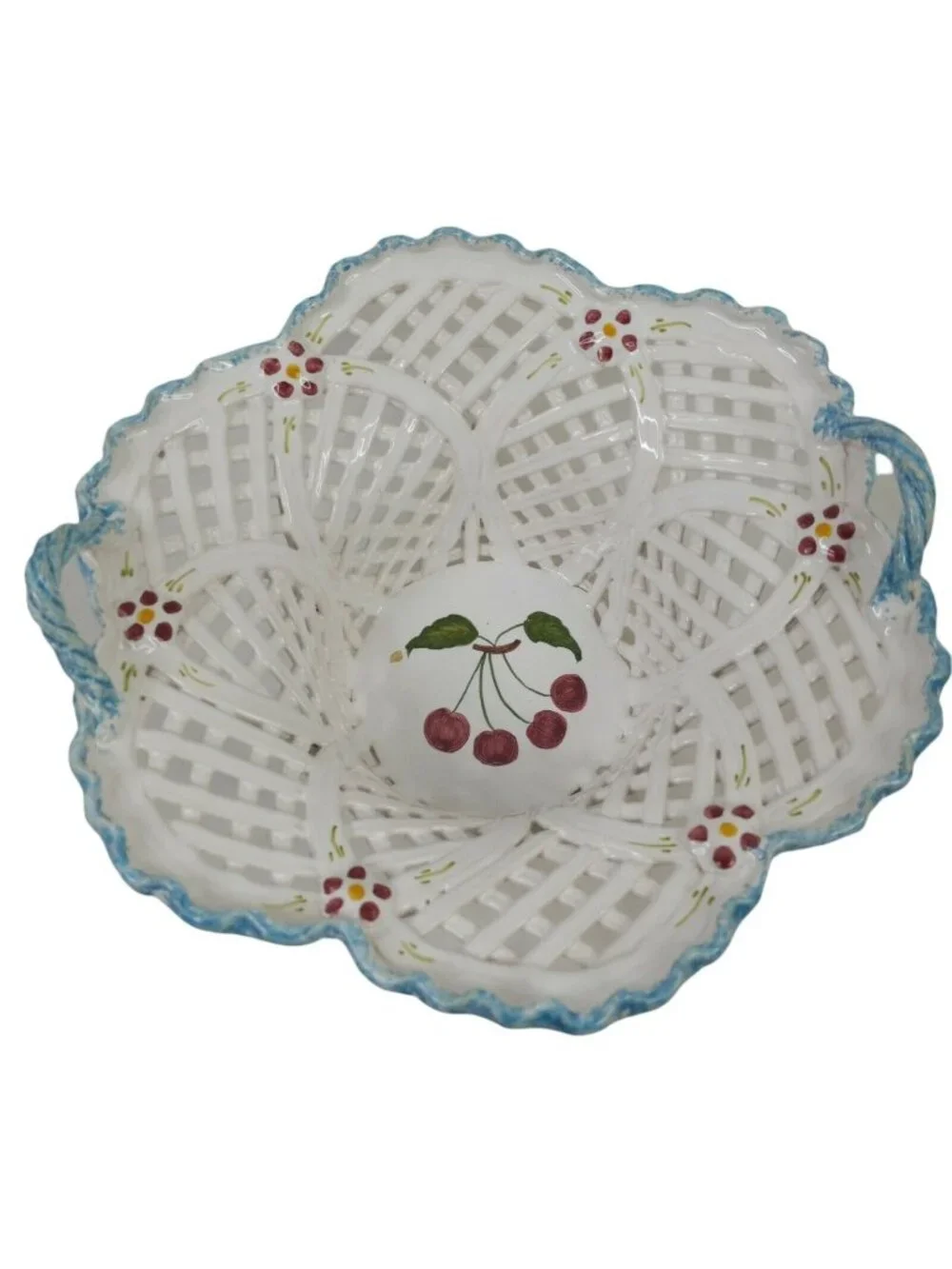 Hand Painted Ceramic White Basket Weave Bowl With Floral Cherry Details Handles